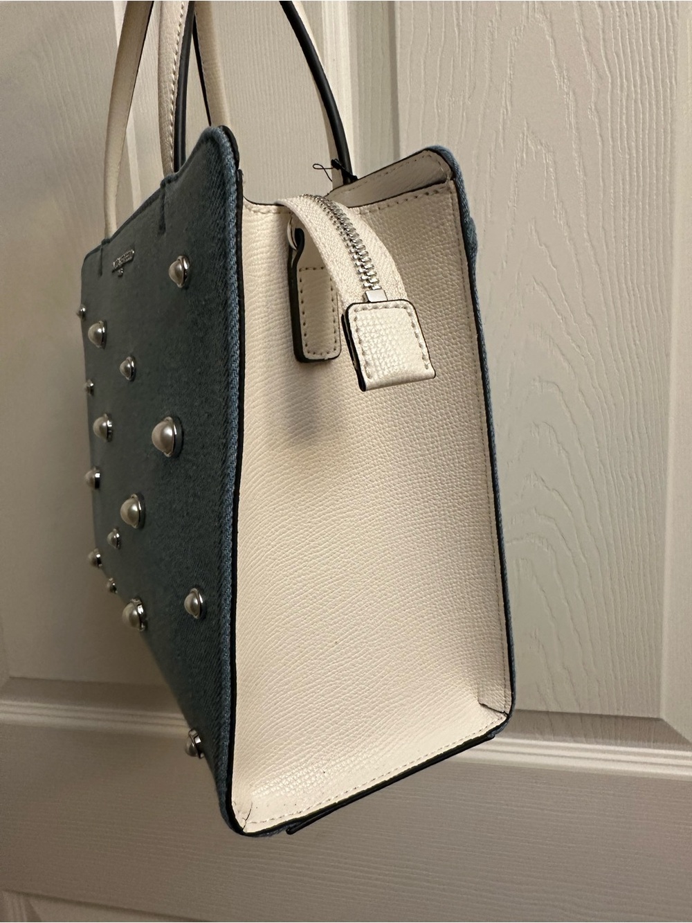 Karl Lagerfeld Denim Pearl-Embellished Satchel with White Handles - Picture 2 of 16